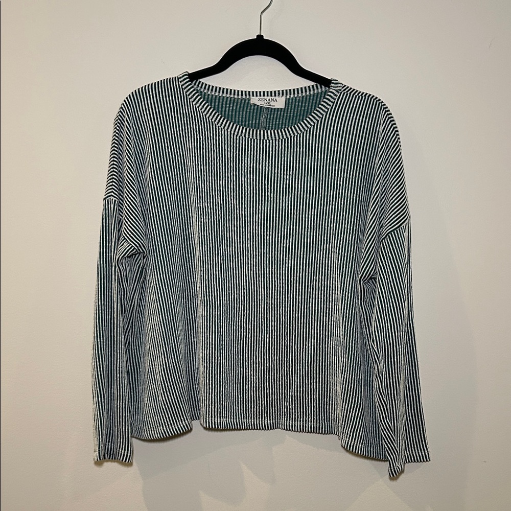 Zenana Outfitters Green and White Striped Long Sleeve, Size L/XL